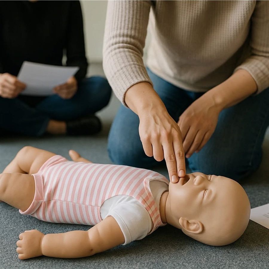 Une participante s'exerce aux gestes de réanimation sur un mannequin de nourrisson